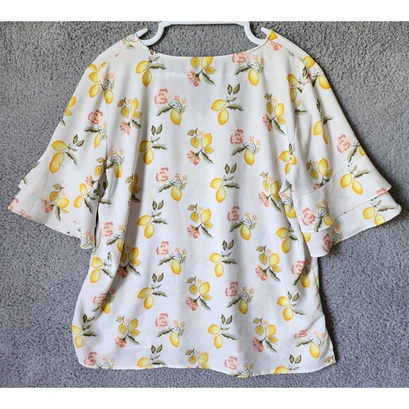 Loft Women's Short Layered Sleeve V Neck Blouse Top Lemons Print Polyester Sz L - Picture 9 of 13